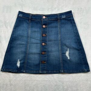 Cest Toi Denim Button Front Mini Skirt Medium Blue Distressed